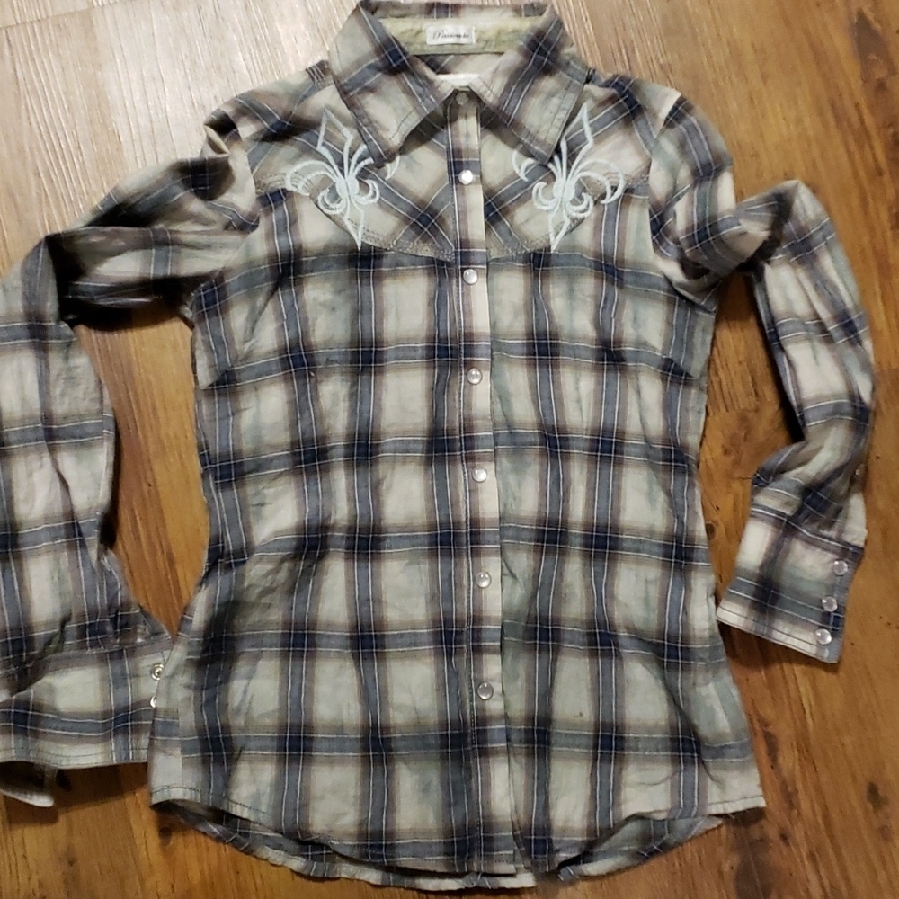 Roar angel wing embroidered shirt tan grey plaid